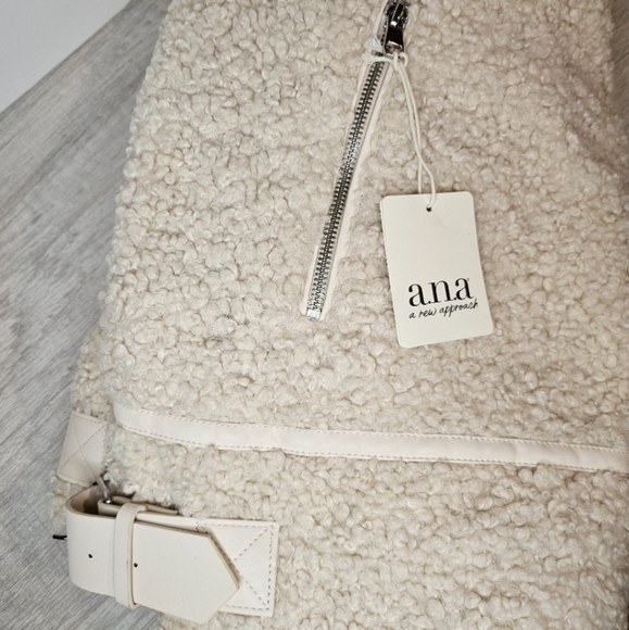 A.N.A Cream Faux Fur Shearling Moto Jacket Teddy Sherpa Coat Belt Zipper XL - Picture 5 of 9
